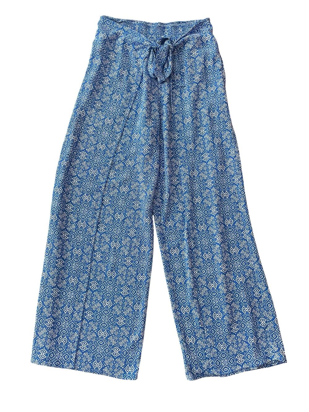 J.McLaughlin Blue White Geometric Wide Leg Tie Front Pants M